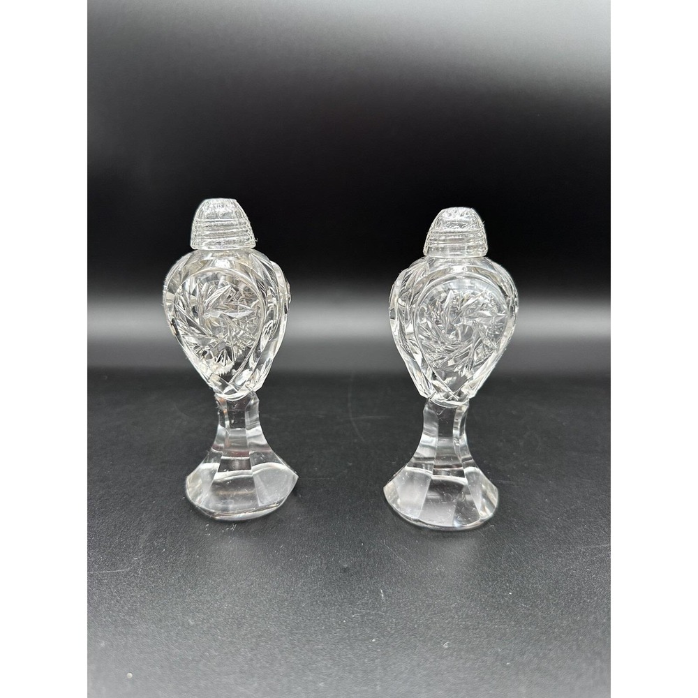 Vintage Cut‎ Clear Crystal Bohemian Glass Pedestal Salt & Pepper Shaker Set
